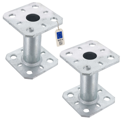 2 Embases pied de poteau - Platine carré 80x80mm - Diamètre 30mm - Acier galvanisé à chaud - Ht 100mm - Fabrication Europe