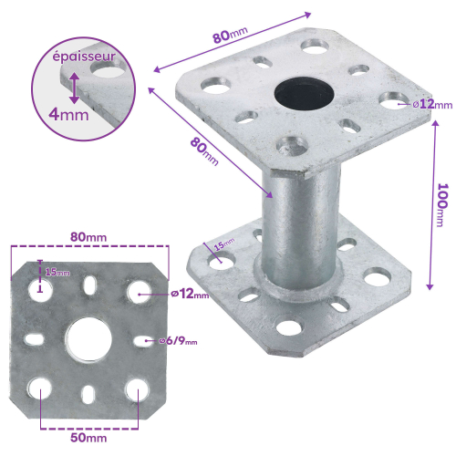 2 Embases pied de poteau - Platine carré 80x80mm - Diamètre 30mm - Acier galvanisé à chaud - Ht 100mm - Fabrication Europe