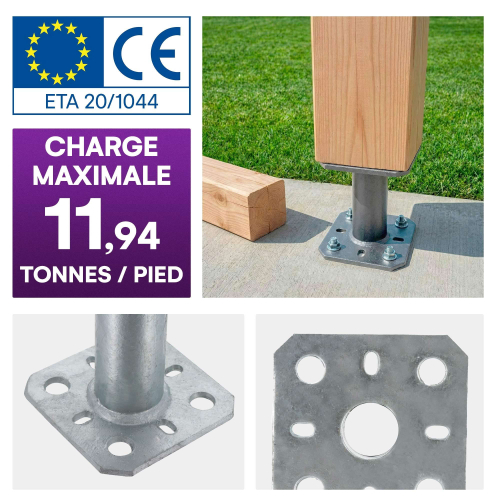 2 Embases pied de poteau - Platine carré 80x80mm - Diamètre 30mm - Acier galvanisé à chaud - Ht 100mm - Fabrication Europe