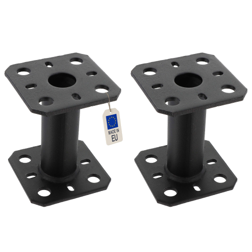 2 Embases pied de poteau - Platine carré 80x80mm - Diamètre 30mm - Acier galvanisé noir - Ht 100mm - Fabrication Europe