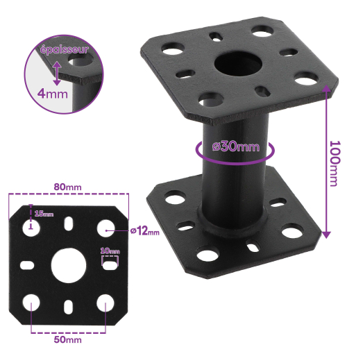 2 Embases pied de poteau - Platine carré 80x80mm - Diamètre 30mm - Acier galvanisé noir - Ht 100mm - Fabrication Europe