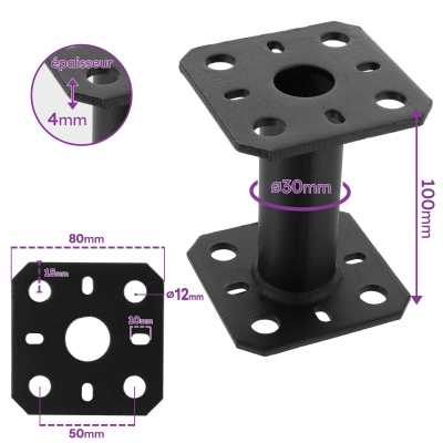 2 Embases pied de poteau - Platine carré 80x80mm - Diamètre 30mm - Acier galvanisé noir - Ht 100mm - Fabrication Europe