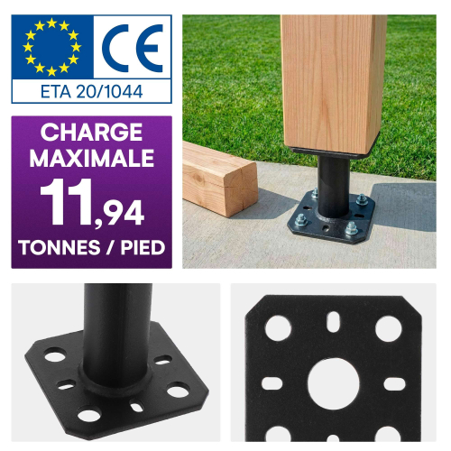 2 Embases pied de poteau - Platine carré 80x80mm - Diamètre 30mm - Acier galvanisé noir - Ht 100mm - Fabrication Europe