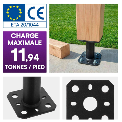 2 Embases pied de poteau - Platine carré 80x80mm - Diamètre 30mm - Acier galvanisé noir - Ht 100mm - Fabrication Europe