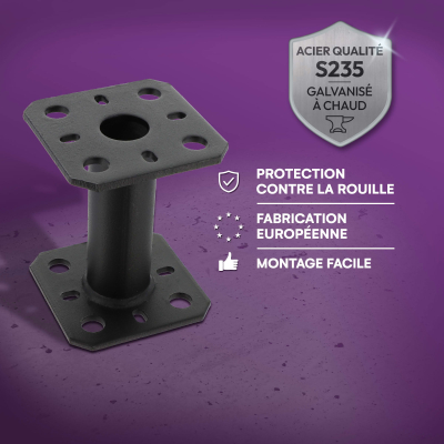 2 Embases pied de poteau - Platine carré 80x80mm - Diamètre 30mm - Acier galvanisé noir - Ht 100mm - Fabrication Europe