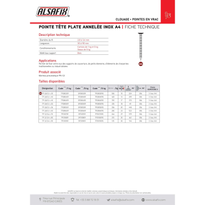 Pointe Annelée INOX A4 en Vrac Tête Plate (TP) 2,8/3,1 x 1 kg Alsafix