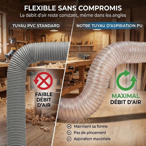 Tuyau flexible d'aspiration en polyuréthane - Diamètre de 100 mm + 2 colliers de serrage