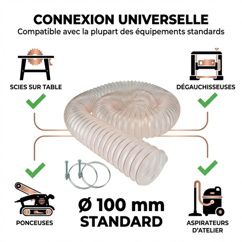 Tuyau flexible d'aspiration en polyuréthane - Diamètre de 100 mm + 2 colliers de serrage
