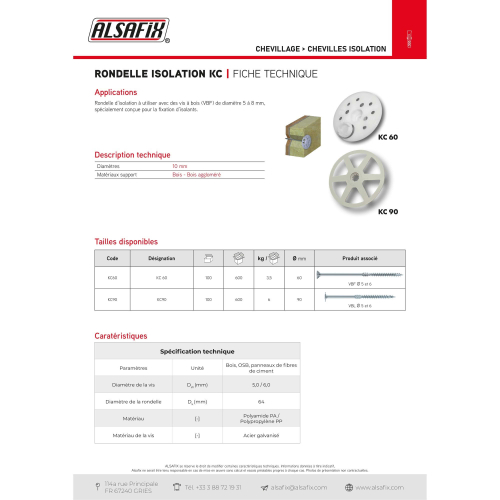 100 rondelles d'isolation avec capuchon KC D. 60 mm pour vis VBF ou cheville NFA