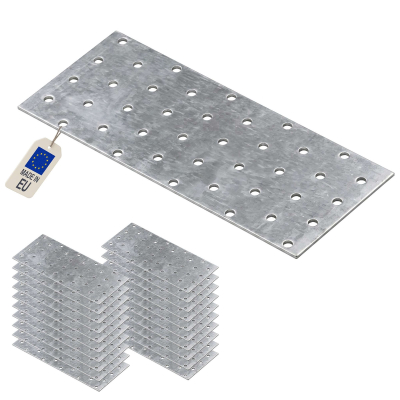 20 plaques d'assemblage perforées - Connecteurs bois - Acier galvanisé - 200x80 mm - Epaisseur 2 mm - Fabrication européenne