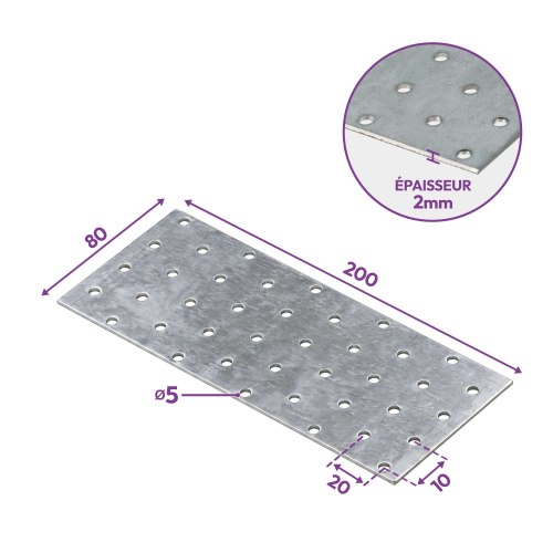 20 plaques d'assemblage perforées - Connecteurs bois - Acier galvanisé - 200x80 mm - Epaisseur 2 mm - Fabrication européenne