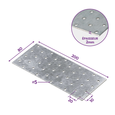 20 plaques d'assemblage perforées - Connecteurs bois - Acier galvanisé - 200x80 mm - Epaisseur 2 mm - Fabrication européenne