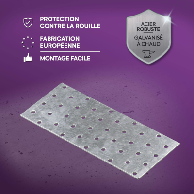 20 plaques d'assemblage perforées - Connecteurs bois - Acier galvanisé - 200x80 mm - Epaisseur 2 mm - Fabrication européenne