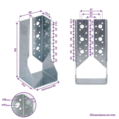 10 sabots de charpente à ailes intérieures - Larg. 80 x Ht. 182 mm - Connecteurs de poutres - Acier galva - Fabriqué en Europe 2