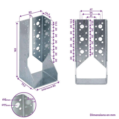 10 sabots de charpente à ailes intérieures - Larg. 80 x Ht. 182 mm - Connecteurs de poutres - Acier galva - Fabriqué en Europe