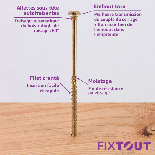 200 Vis bois Torx à tête fraisée plate expert - Acier galvanisé - anti-fendage - moletage de serrage