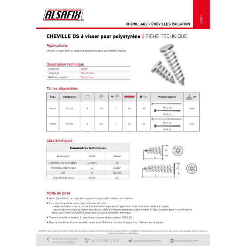100 chevilles à visser pour polystyrène DS 050 - Longueur 50 mm - DS050 - Alsafix