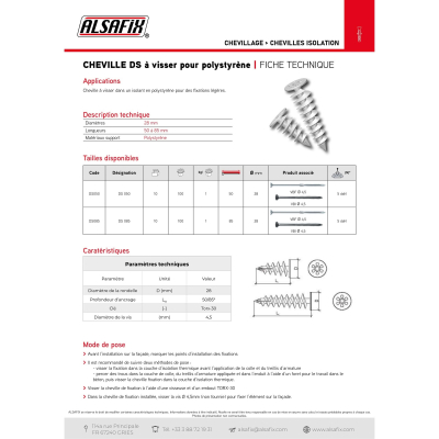 100 chevilles à visser pour polystyrène DS 050 - Longueur 50 mm - DS050 - Alsafix