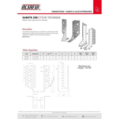 Sabot de charpente à ailes extérieures à 2 éléments (P x l x H x ép) 80 x 30 x 98 x 2,0 mm - AL-2SE30098 - Alsafix