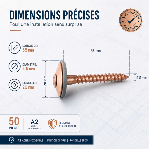 50 Vis de Faitage Inox A2 Cuivree + rondelle EPDM 20mm - 4.5 X 55 mm