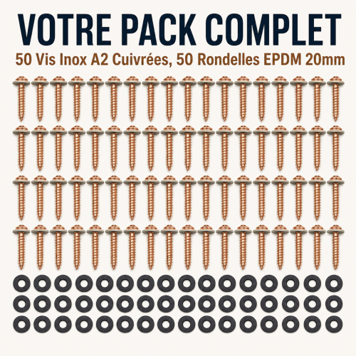 50 Vis de Faitage Inox A2 Cuivree + rondelle EPDM 20mm - 4.5 X 55 mm