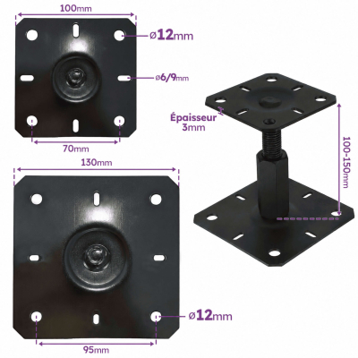 4 embases pied de poteau réglables - Platine 100 mm - Base 130 mm - M20 - Acier galva Noir - Ht 150 à 250mm - Fabriqué en Europe