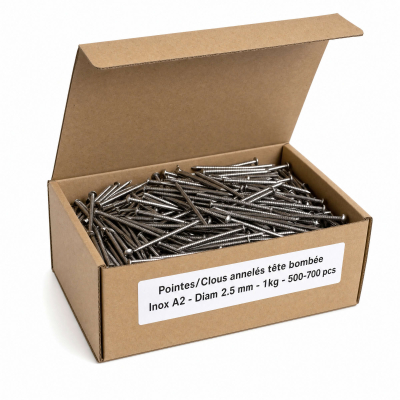 Pointes / Clous annelés tête bombée Inox A2 - Diam 2.5 mm - 1kg (environ 500-700 pcs)