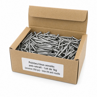 Pointes / clous annelés anti-retrait - Lot de 1kg (environ 350) - inox A4 anti-rouille