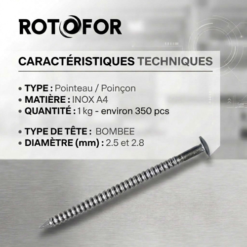 Pointes / clous annelés anti-retrait - Lot de 1kg (environ 350) - inox A4 anti-rouille