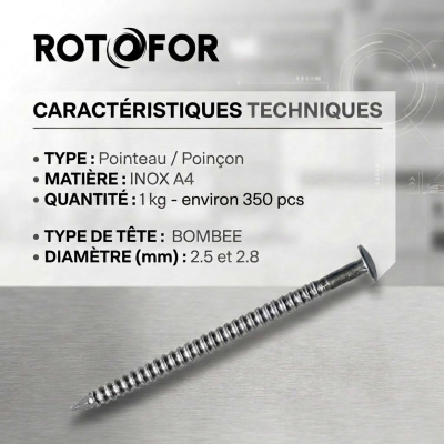 Pointes / clous annelés anti-retrait - Lot de 1kg (environ 350) - inox A4 anti-rouille
