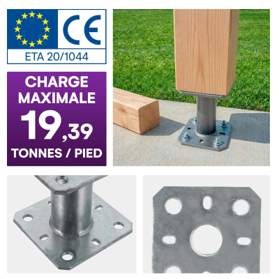 2 Embases pied de poteau - Platine 100x100mm - Diamètre 40mm - Acier galvanisé à chaud - Ht 100mm - Fabrication Europe
