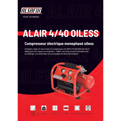 Compresseur 4 Litres 230 V 0,33 CV ALAIR 4/40 OILESS - AL57151 - Alsafix