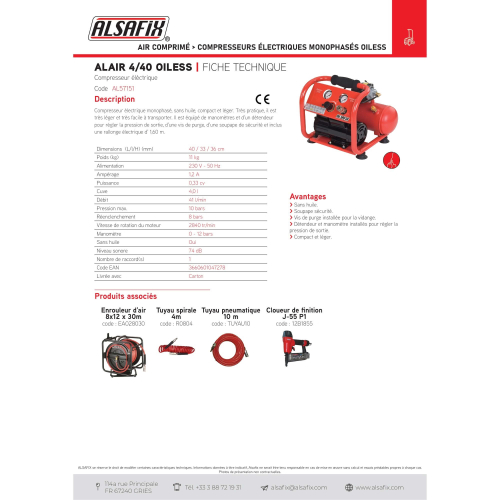 Compresseur 4 Litres 230 V 0,33 CV ALAIR 4/40 OILESS - AL57151 - Alsafix