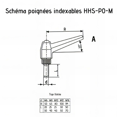 Poignée indexable M6 x 30 mm tige filetée
