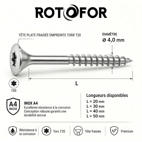 50 vis agglo tête fraisée Torx Inox A4 - Diamètre 4 mm