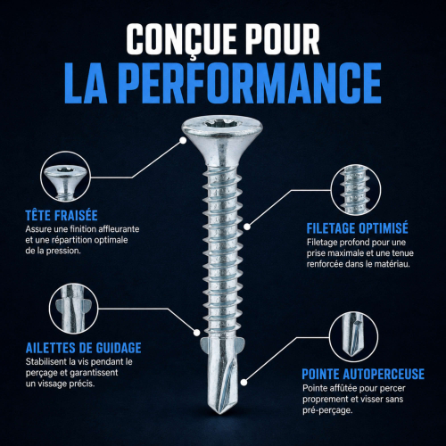 250 Vis Autoperceuses acier Ailettes tête fraisée Torx - diamètre 4,8 mm