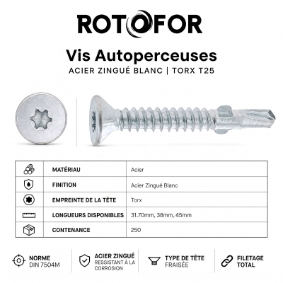 250 Vis Autoperceuses acier Ailettes tête fraisée Torx - diamètre 4,8 mm