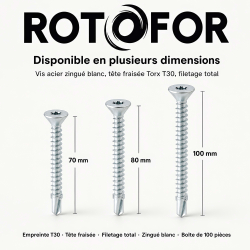 100 vis autoperceuses acier Ailettes tête fraisée Torx - diamètre 6,3 mm