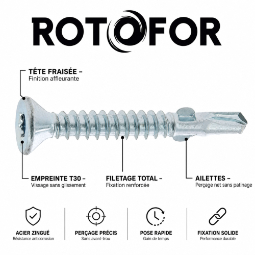 100 vis autoperceuses acier Ailettes tête fraisée Torx - diamètre 6,3 mm