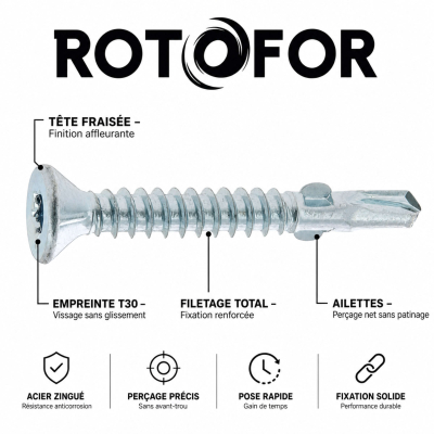 100 vis autoperceuses acier Ailettes tête fraisée Torx - diamètre 6,3 mm