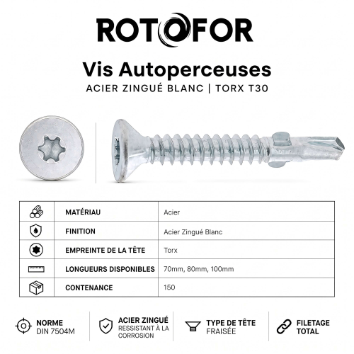 150 vis autoperceuses acier Ailettes tête fraisée Torx - diamètre 6,3 mm