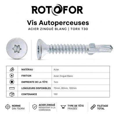 150 vis autoperceuses acier Ailettes tête fraisée Torx - diamètre 6,3 mm
