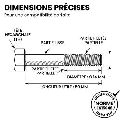50 boulons SB 8.8 en 15048 zingués 14x50 filetage partiel