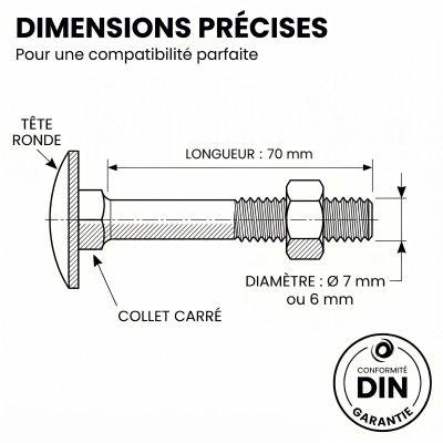 100 Vis tête ronde collet carré zingués Noir - longueur 70 mm 2