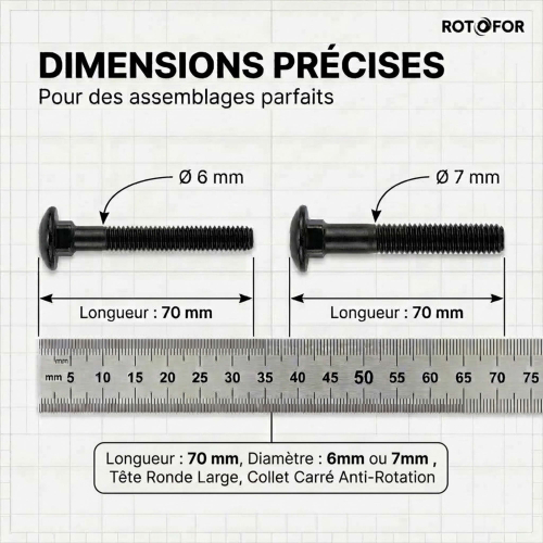 100 Vis tête ronde collet carré zingués Noir - longueur 70 mm