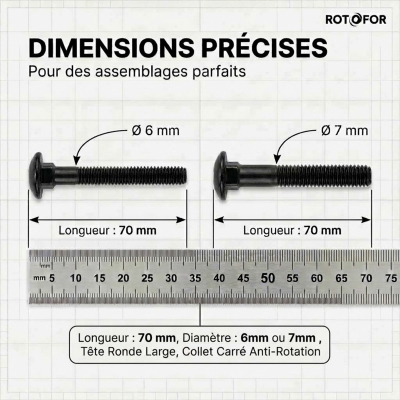 100 Vis tête ronde collet carré zingués Noir - longueur 70 mm