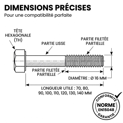 25 Boulons SB 8,8 EN15048 zingués - diamètre 16 mm