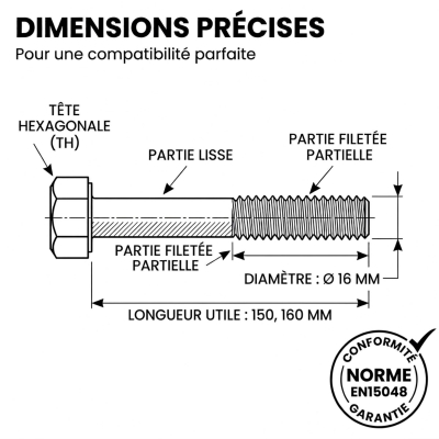 10 Boulons SB 8,8 EN15048 zingués - diamètre 16 mm - filetage partiel 2