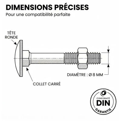 100 Boulons tête ronde collet carré DIN603/555 acier zingués Noir - diamètre 8 mm 2