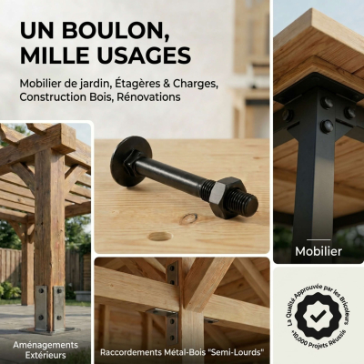 100 Boulons tête ronde collet carré DIN603/555 acier zingués Noir - diamètre 8 mm